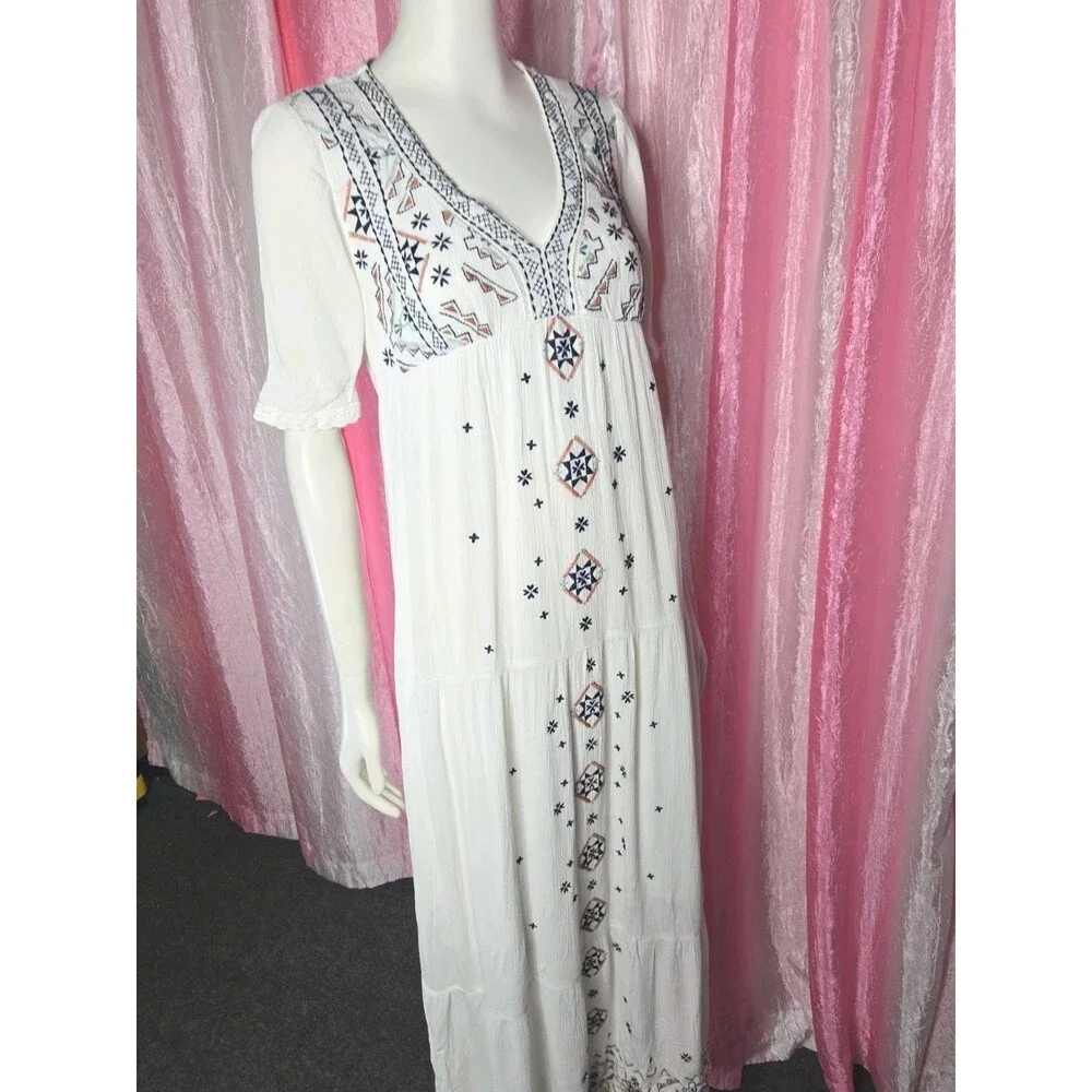 Knox Rose Ivory Boho Embroidered Cotton Lined Tiered Maxi Dress Size XS